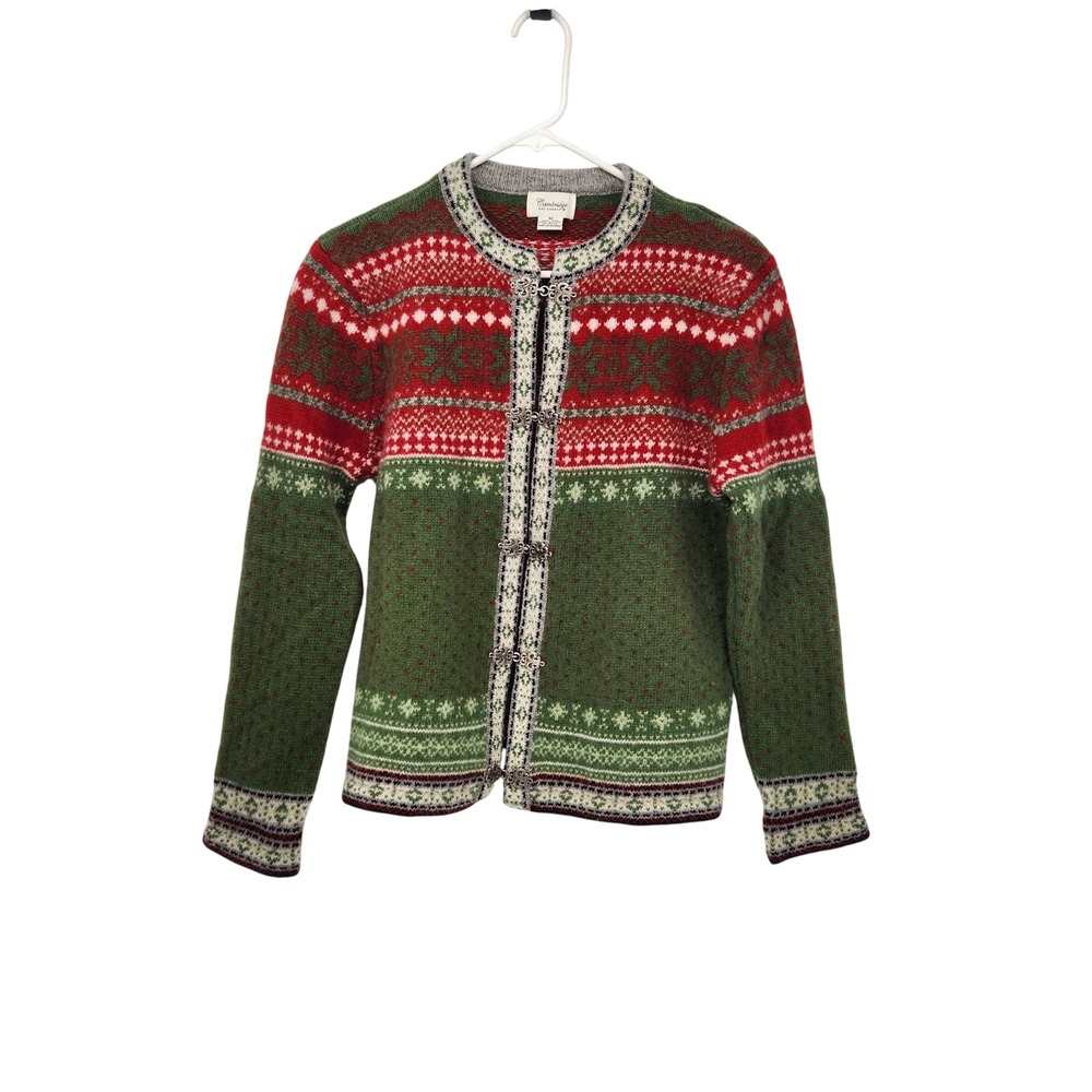 Cambridge Dry Goods Wool Fair Isle Cardigan Sweater Green Red Silver Clasp M